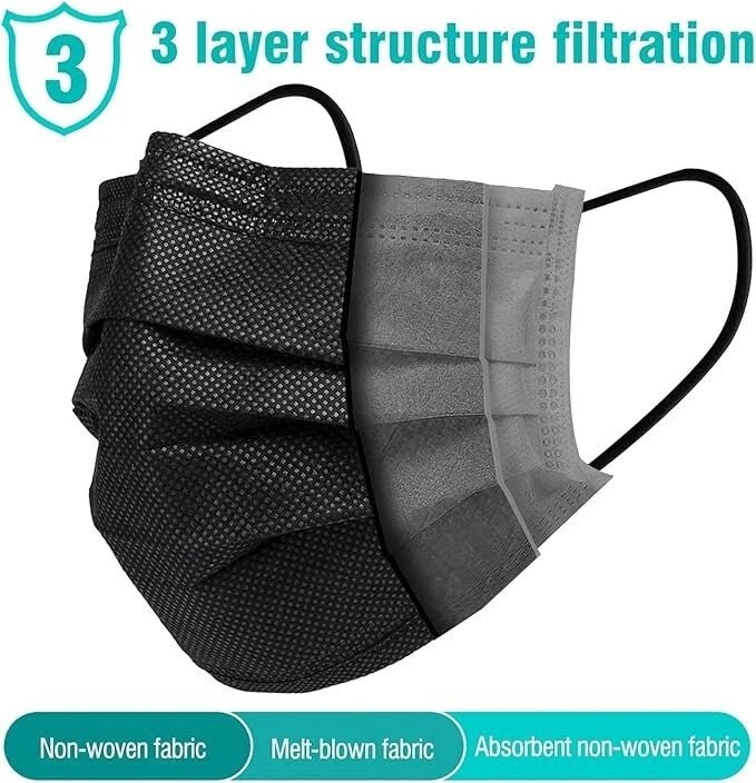 GP Craft Black Disposable 3-ply Face Mask, Case of 2000 (40 boxes x 50 masks)