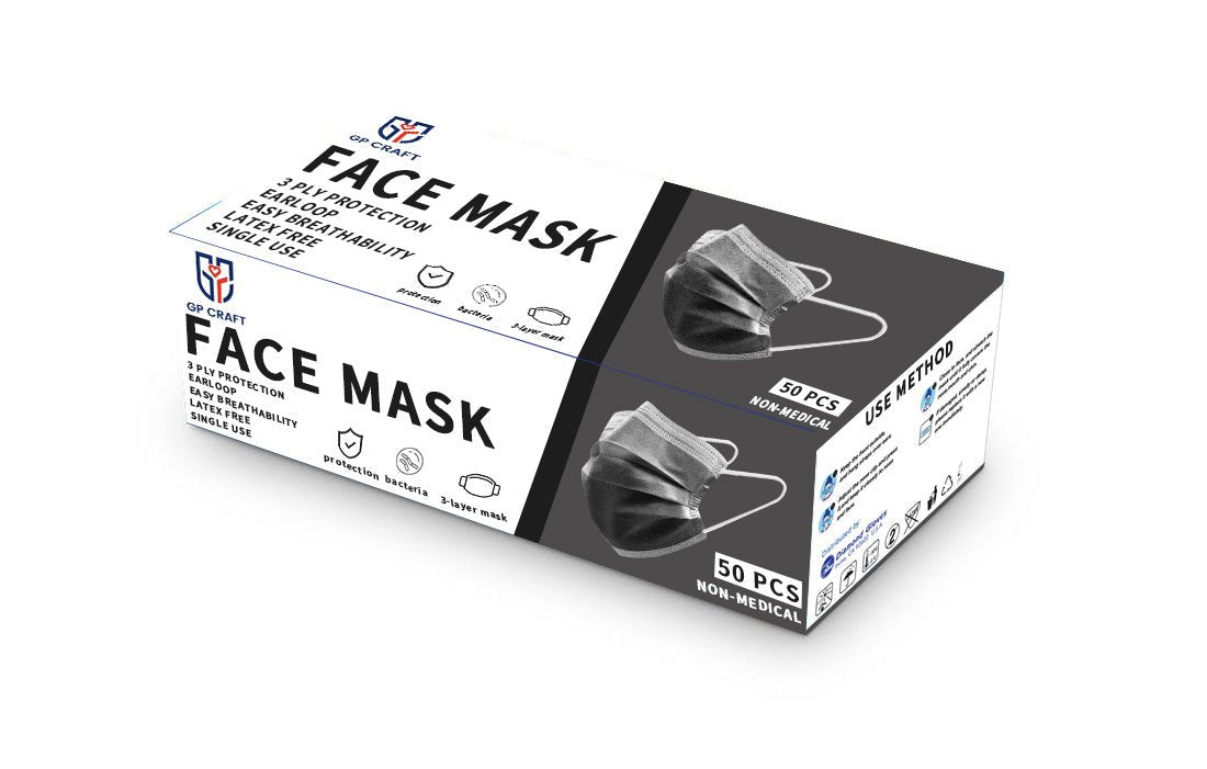 GP Craft Black Disposable 3-ply Face Mask, Case of 2000 (40 boxes x 50 masks)