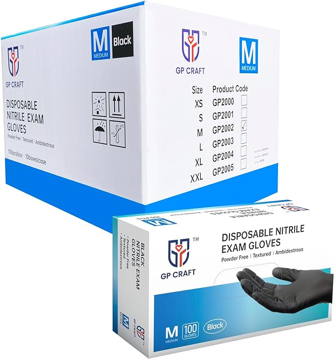GP Craft 5 mil Black Nitrile Exam Disposable Gloves, Case of 1000 Wholesale, Powder Free (GP50)