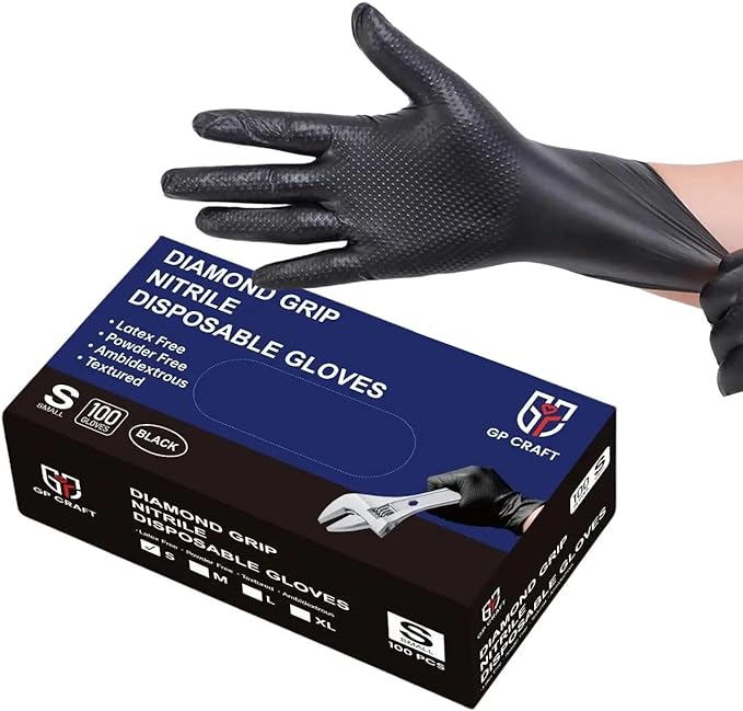 GP Craft 8 mil Black Nitrile Industrial Gloves, Diamond Textured, Powder Free, Case of 1000 (GP66)