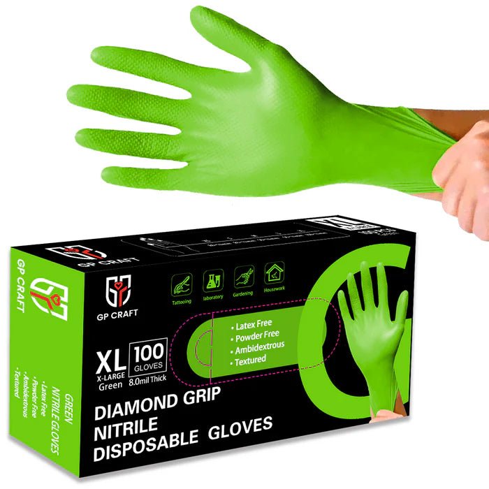 GP Craft 8 mil Green Nitrile Industrial Gloves, Diamond Textured, Powder Free, case of 1000 (GP67)
