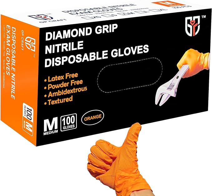 GP Craft 8 mil Orange Nitrile Industrial Gloves, Diamond Textured, Powder Free, Case of 1000 (GP68)
