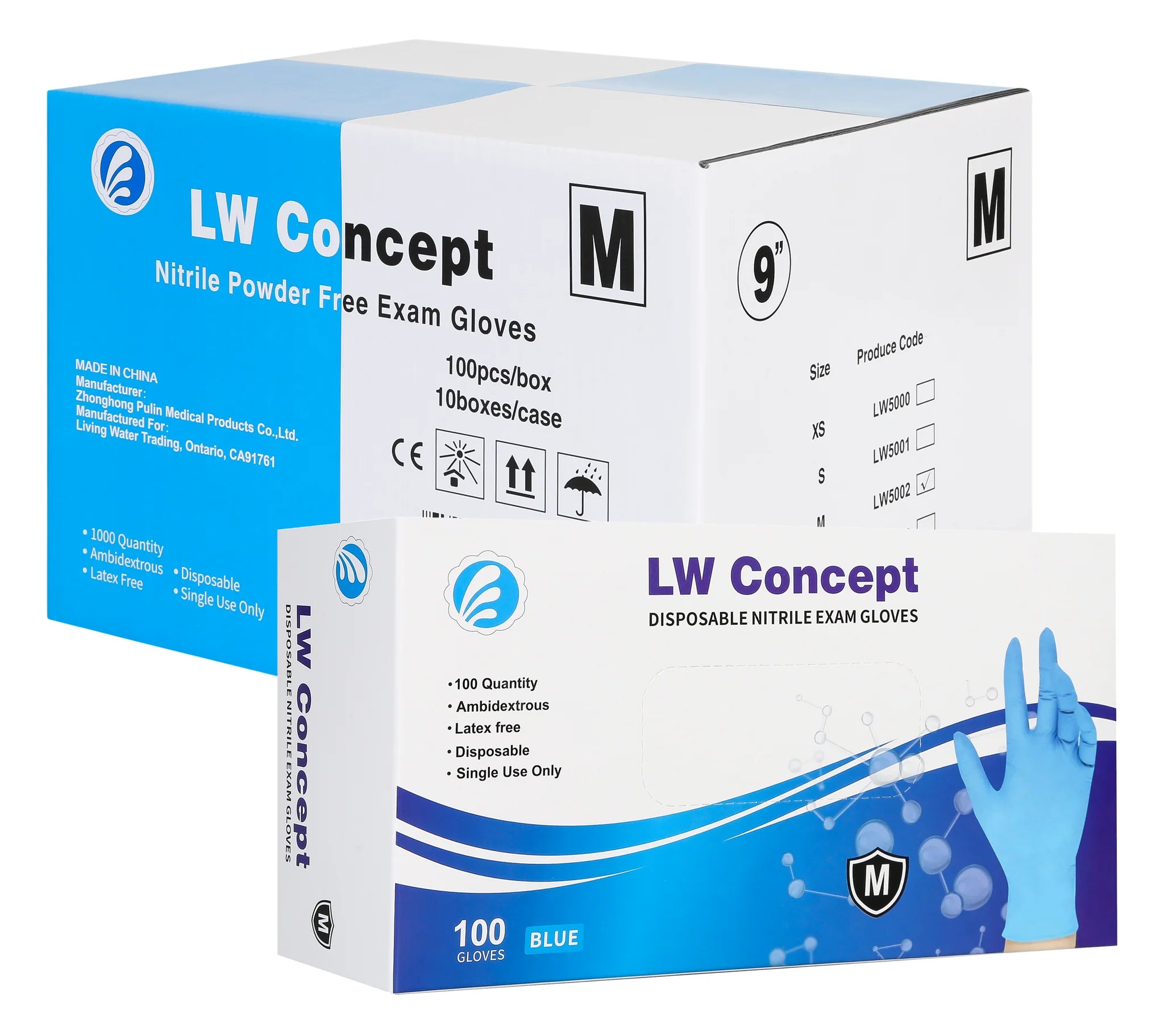 LW Concept 4 mil Blue Nitrile Powder-Free Exam Gloves, case of 1000