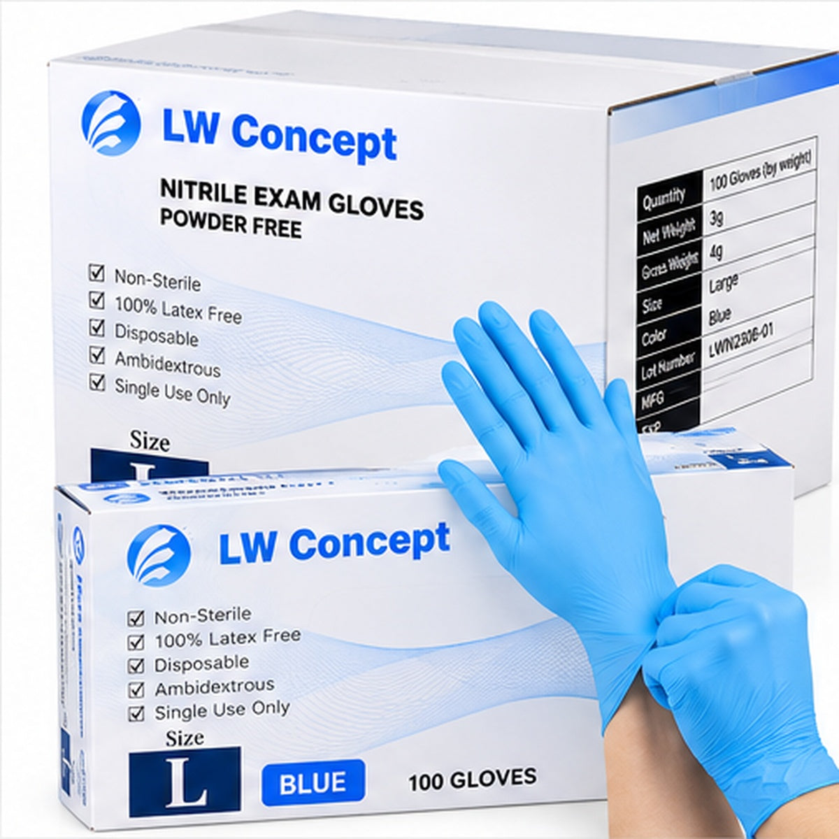 LW Concept 5 mil Blue Nitrile Powder-Free Exam Disposable Gloves, case of 1000