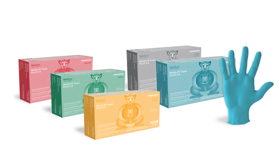 Ventyv Kangaroo 5 mil Blue Nitrile Exam Gloves, Powder Free (CHEMO TESTED), case of 2000