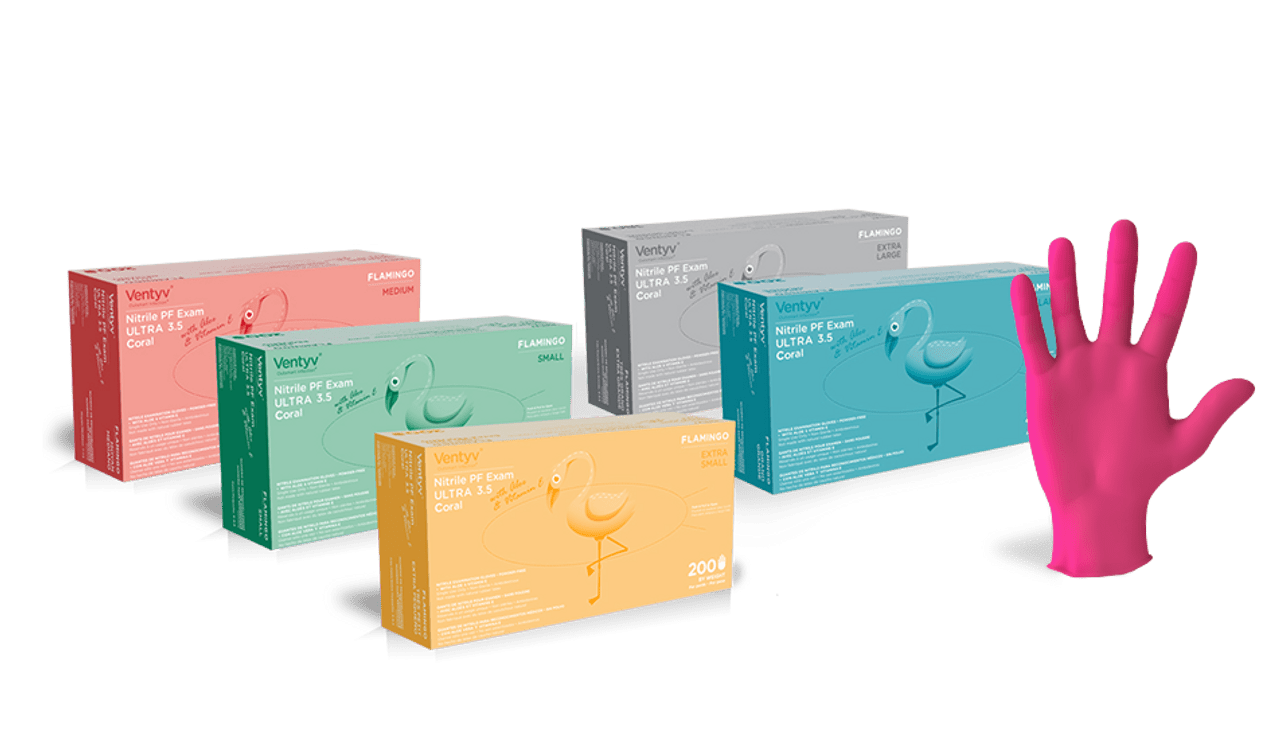 Ventyv Flamingo 4 mil Pink Nitrile Exam Gloves, Powder Free (Coated with Aloe & Vitamin E), case of 2000
