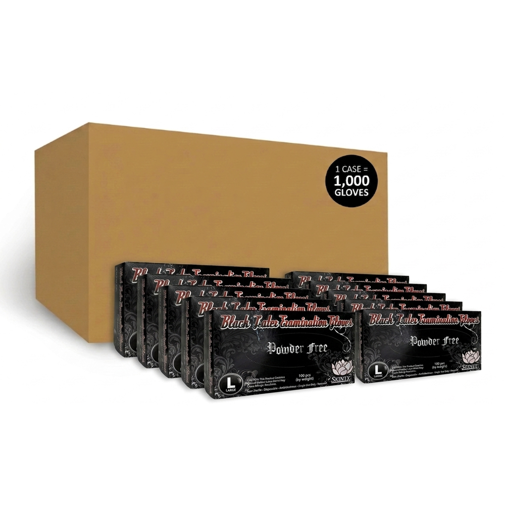 SkinTx 6 Mil Black Latex Examination Disposable Gloves, Case of 1000 Wholesale, Powder-Free (BLK900)