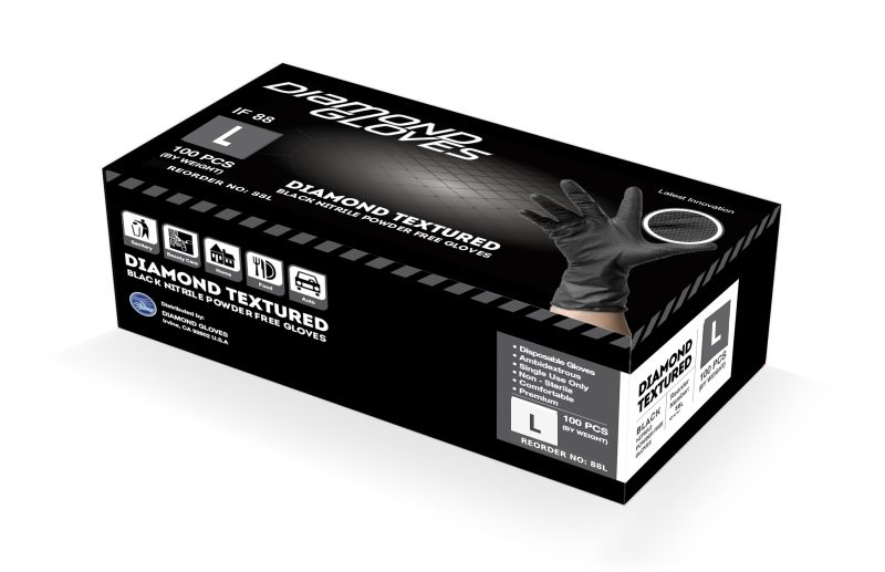 Diamond Gloves IF88 Large black nitrile gloves, 100-glove inner dispenser box; retouched size label. Case includes 10 boxes.