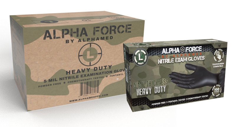 Alpha Force 5 mil Black Nitrile Heavy Duty, Chemo and Fentanyl Tested, Made in USA, case of 1000 (AF5B)