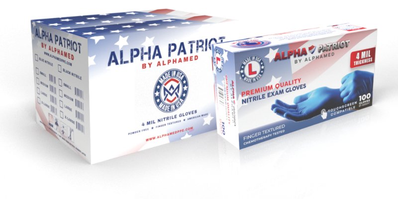 Alpha Patriot 4 mil Blue Nitrile Exam Gloves, Chemo and Fentanyl Tested, Made in USA, case of 1000 (AP4BLUE)