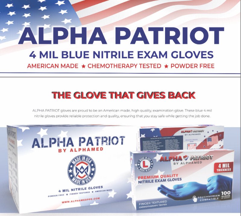 Alpha Patriot 4 mil Blue Nitrile Exam Gloves, Chemo and Fentanyl Tested, Made in USA, case of 1000 (AP4BLUE)