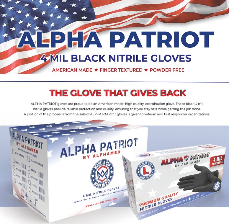 Alpha Patriot 4 mil Black Nitrile Gloves, Made in USA, case of 1000 (AP4BLACK)