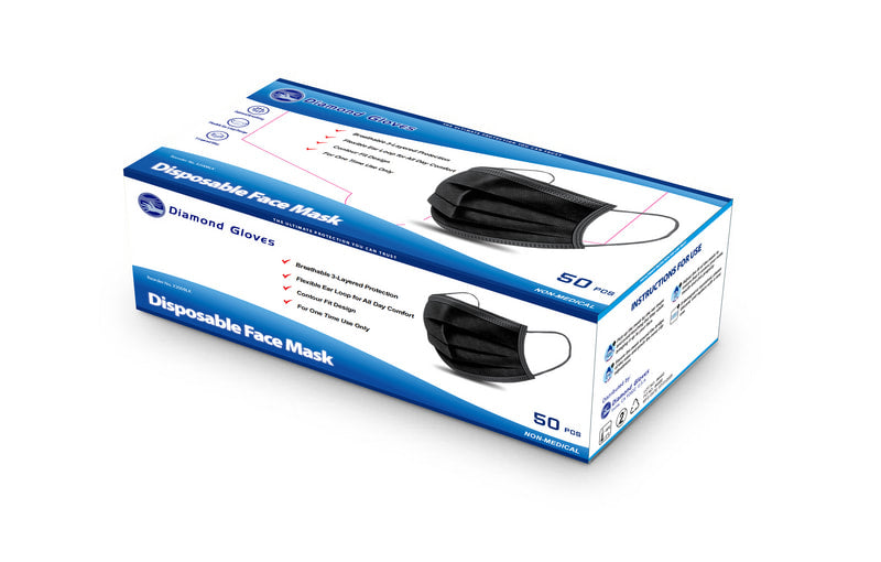 Diamond Black 3-ply Disposable Face Masks (case of 2000)