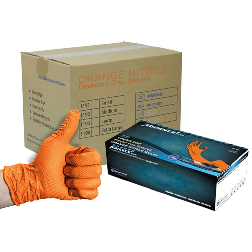 Diamond 7 mil Orange Industrial Nitrile Gloves, Case of 1000 Wholesale, 11 Long Cuff, Powder-Free (IF67)