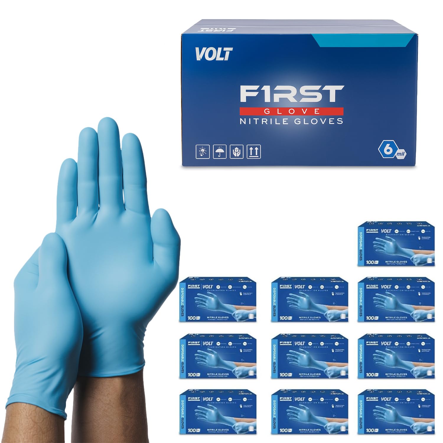 First Glove Volt 6 mil Blue Nitrile Exam Disposable Gloves, Powder Free, Case of 1000