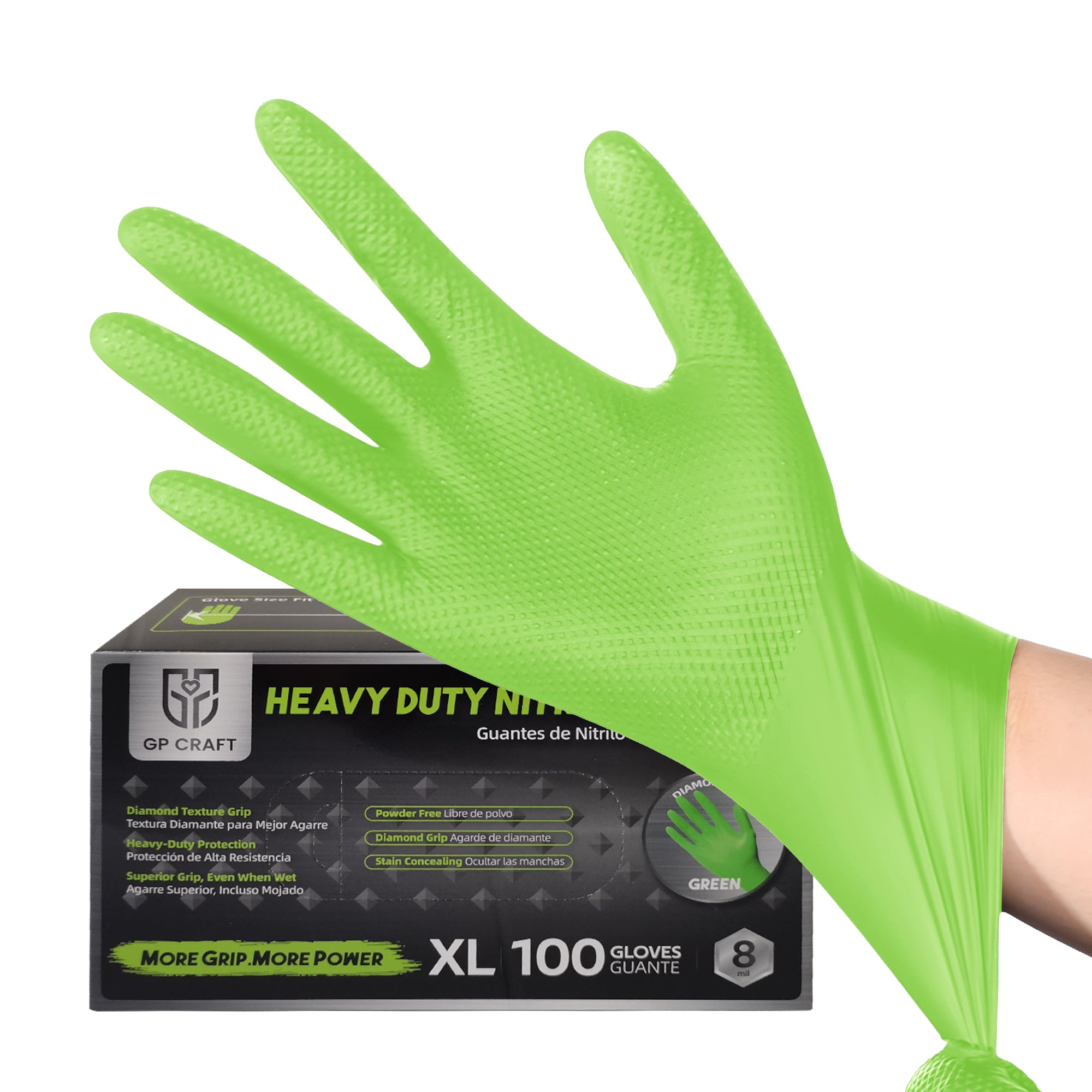GP Craft 8 mil Green Nitrile Industrial Gloves, Diamond Textured, Powder Free, case of 1000 (GP67)