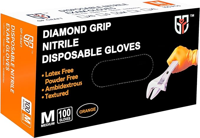 GP Craft 8 mil Orange Nitrile Exam Gloves, Diamond Textured, Powder Free, Case of 1000 (GP68)