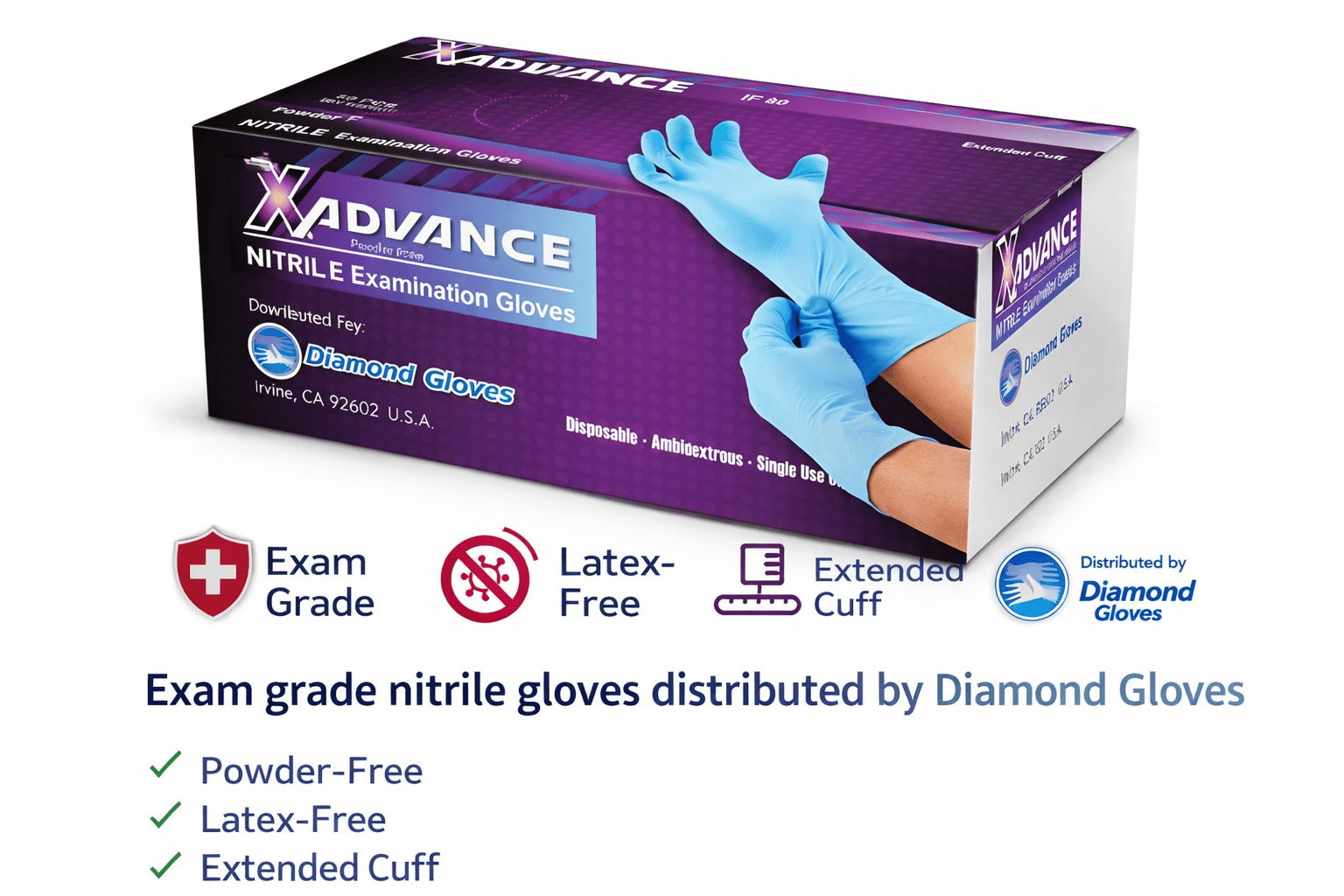 Diamond Blue 8 mil Nitrile Exam Disposable Gloves, 12" Long Cuff, Case of 500 (IF80)