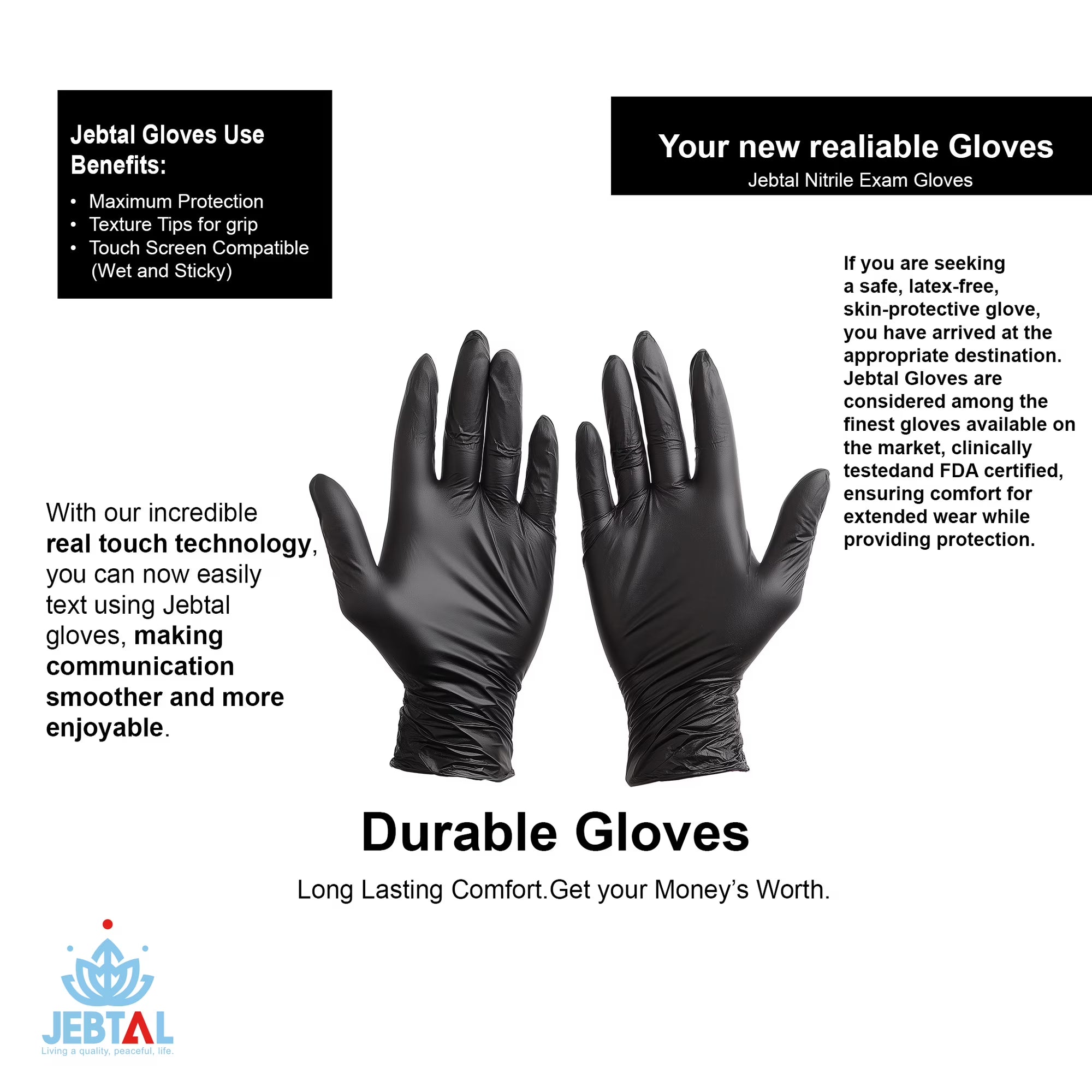 Jebtal Black Nitrile Food Grade Gloves – Powder-Free, Case of 1000