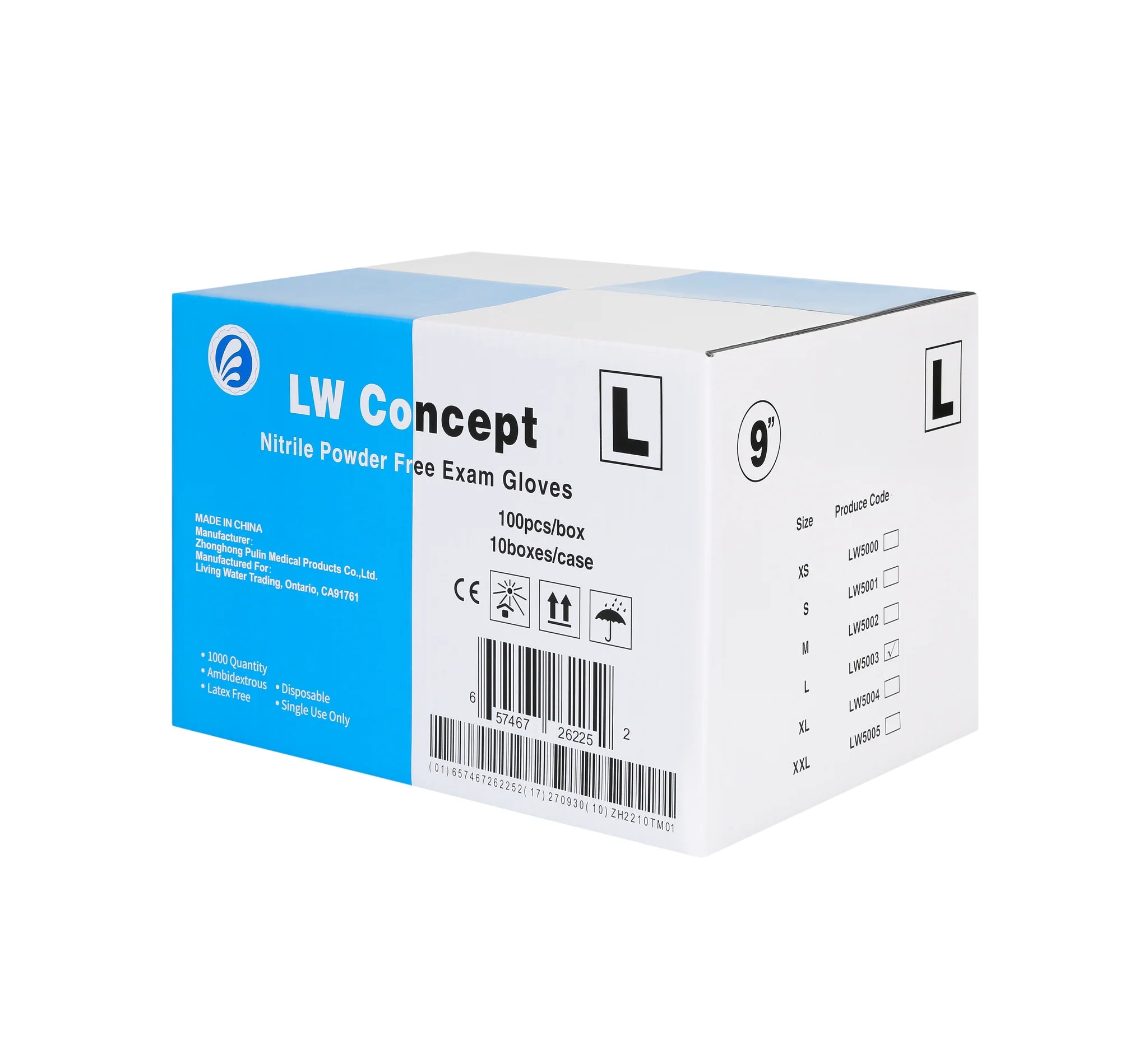 LW Concept 4 mil Blue Nitrile Powder-Free Exam Gloves, case of 1000