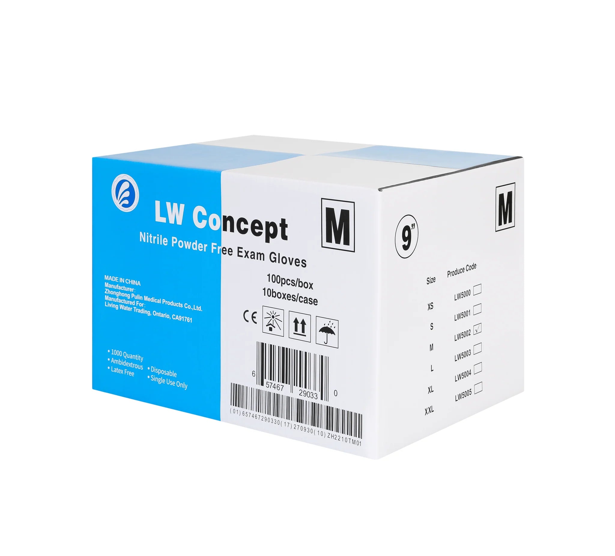 LW Concept 4 mil Blue Nitrile Powder-Free Exam Gloves, case of 1000