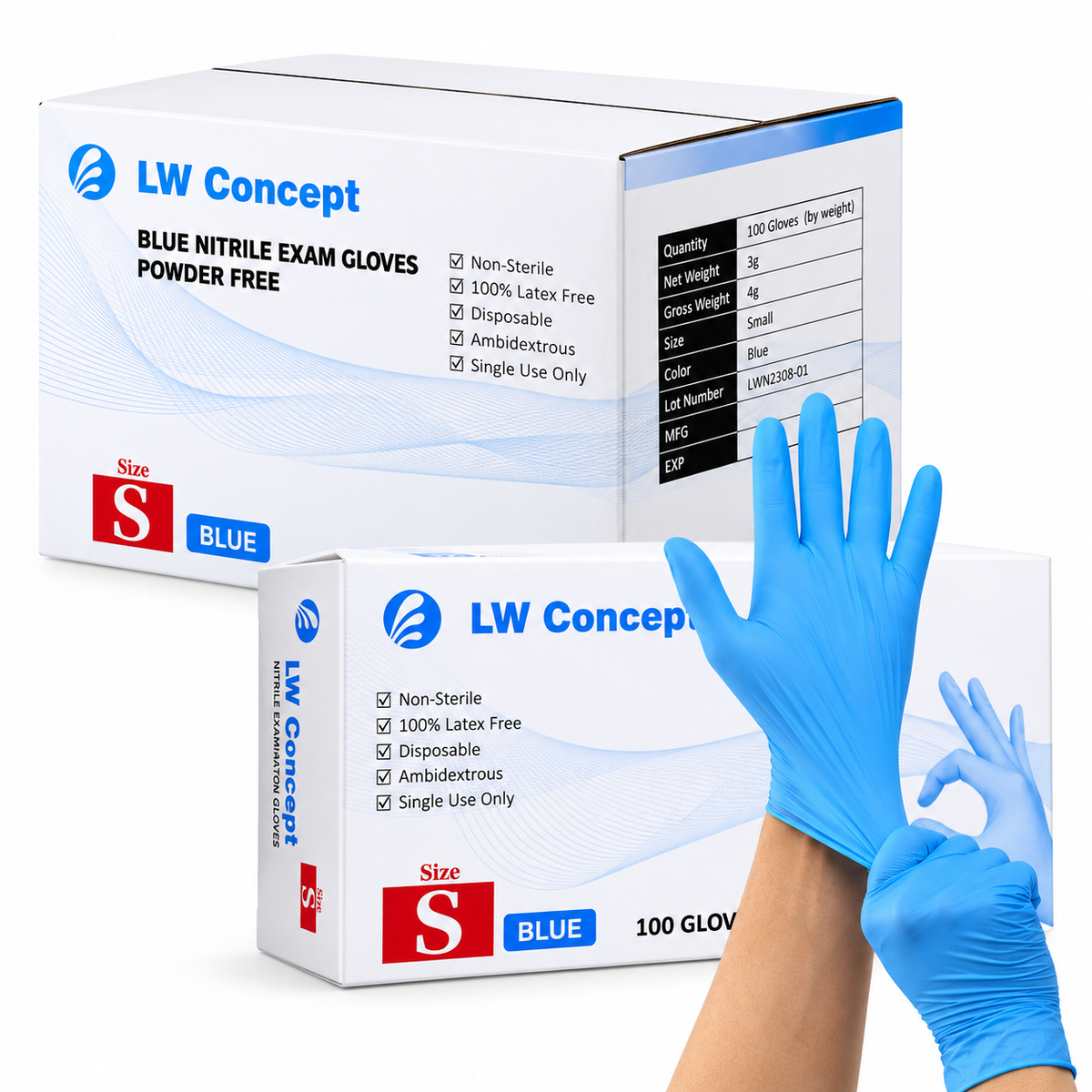 LW Concept 5 mil Blue Nitrile Powder-Free Exam Disposable Gloves, case of 1000