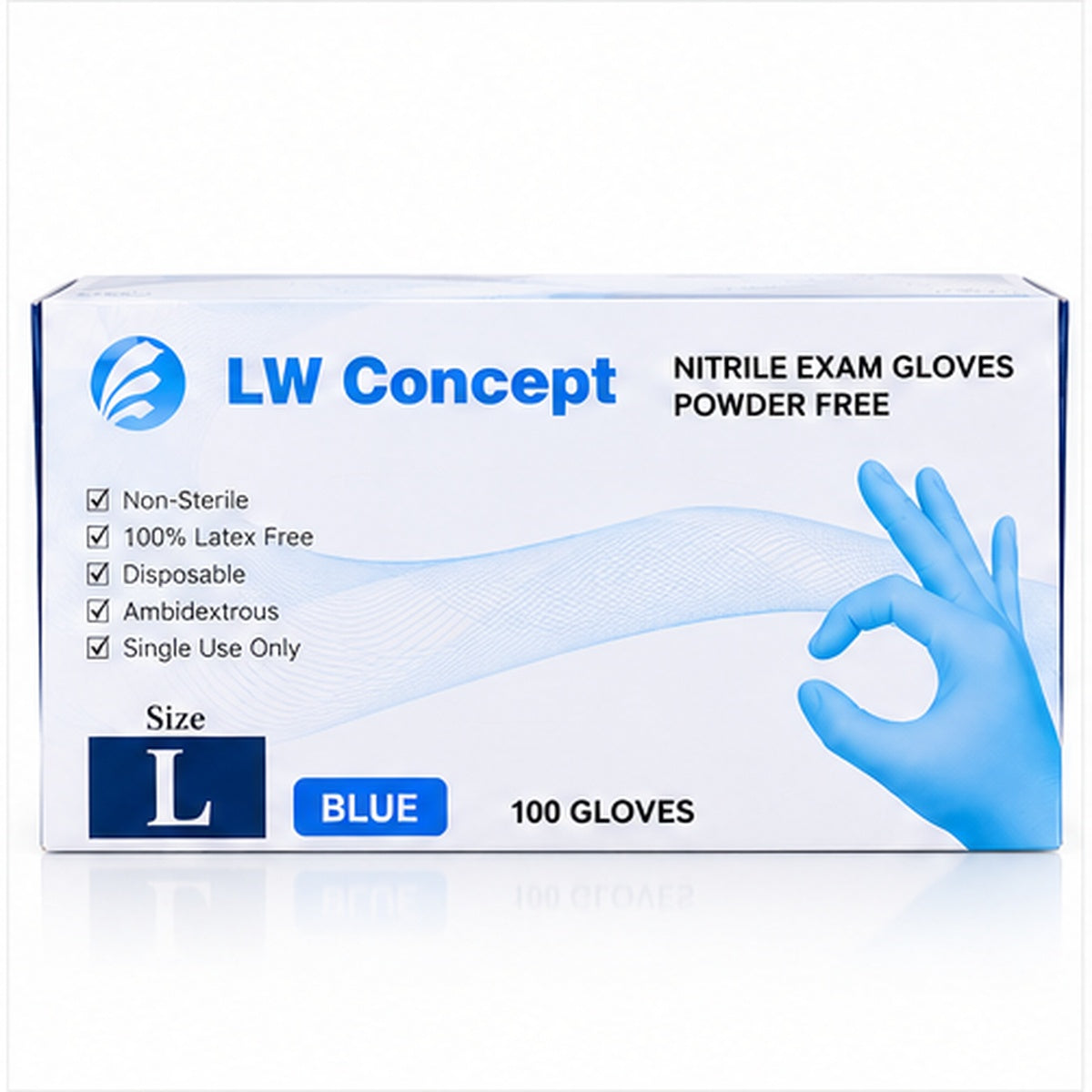 LW Concept 5 mil Blue Nitrile Powder-Free Exam Disposable Gloves, case of 1000