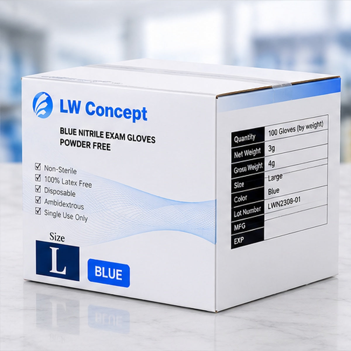 LW Concept 5 mil Blue Nitrile Powder-Free Exam Disposable Gloves, case of 1000
