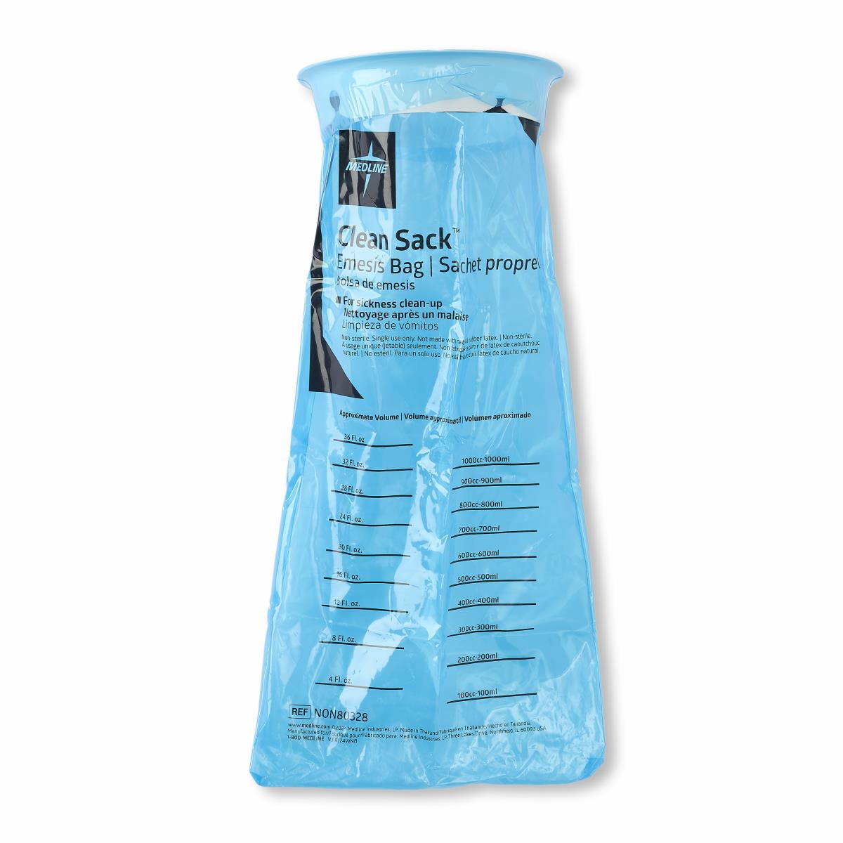 Medline Emesis Bag with Rigid Plastic Ring, Graduated, LDPE, Blue Color, pack of 144