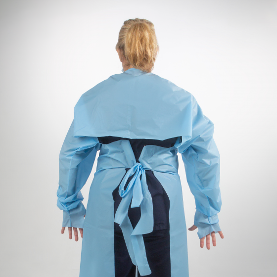 Polyethylene over-the-head gown, US made AAMI Level 2, with thumb loop – Case of 75