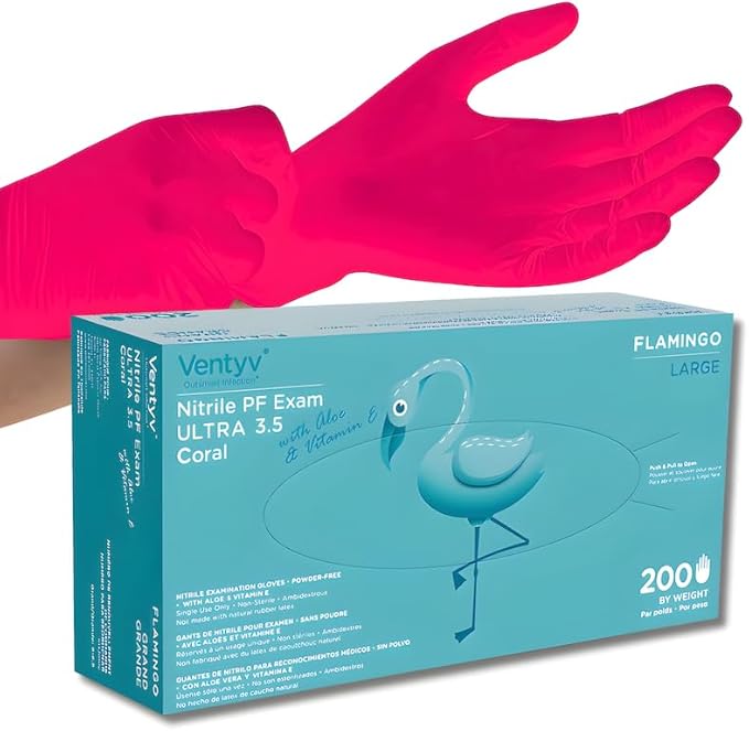 Ventyv Flamingo 4 mil Pink Nitrile Exam Gloves, Powder Free (Coated with Aloe & Vitamin E), case of 2000