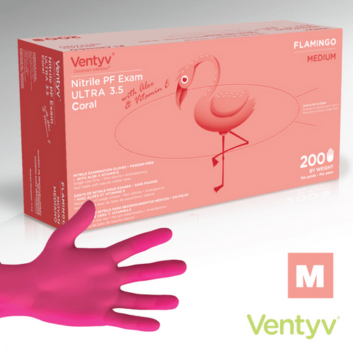 Ventyv Flamingo 4 mil Pink Nitrile Exam Gloves, Powder Free (Coated with Aloe & Vitamin E), case of 2000