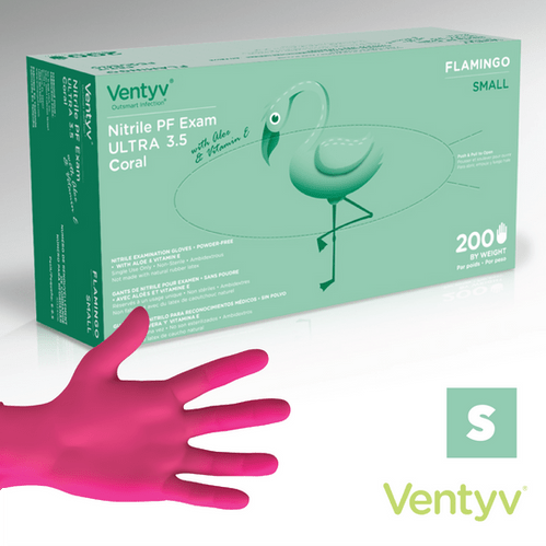 Ventyv Flamingo 4 mil Pink Nitrile Exam Gloves, Powder Free (Coated with Aloe & Vitamin E), case of 2000