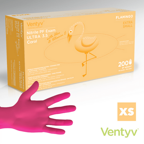 Ventyv Flamingo 4 mil Pink Nitrile Exam Gloves, Powder Free (Coated with Aloe & Vitamin E), case of 2000