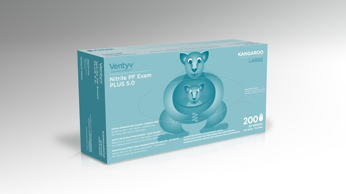Ventyv Kangaroo 5 mil Blue Nitrile Exam Gloves, Powder Free (CHEMO TESTED), case of 2000