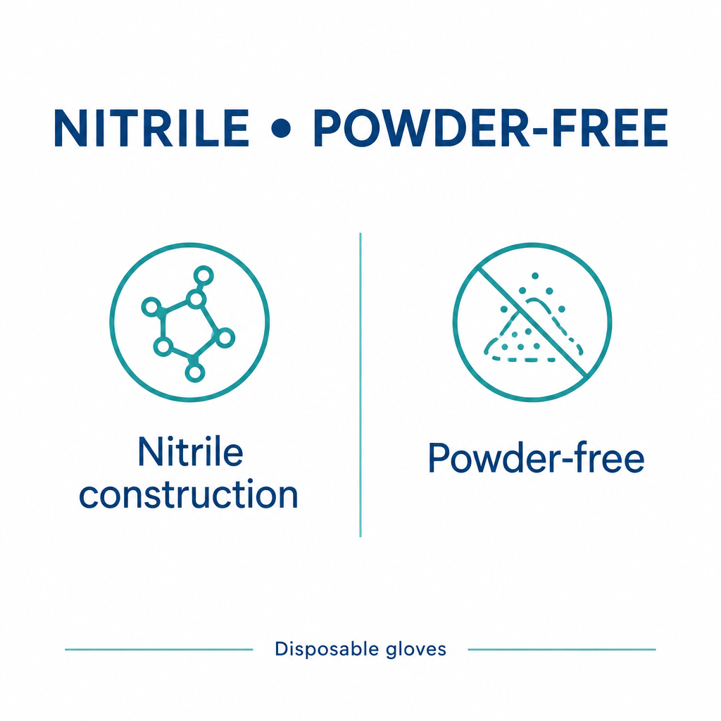 Nitrile construction and powder-free disposable gloves