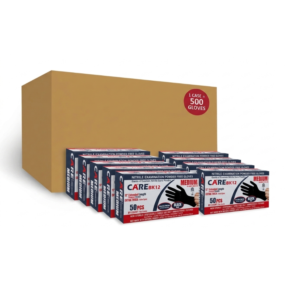 CARE 12” 7 Mil Black Nitrile Exam Disposable Gloves, Case of 500 Wholesale (CBK12-5)