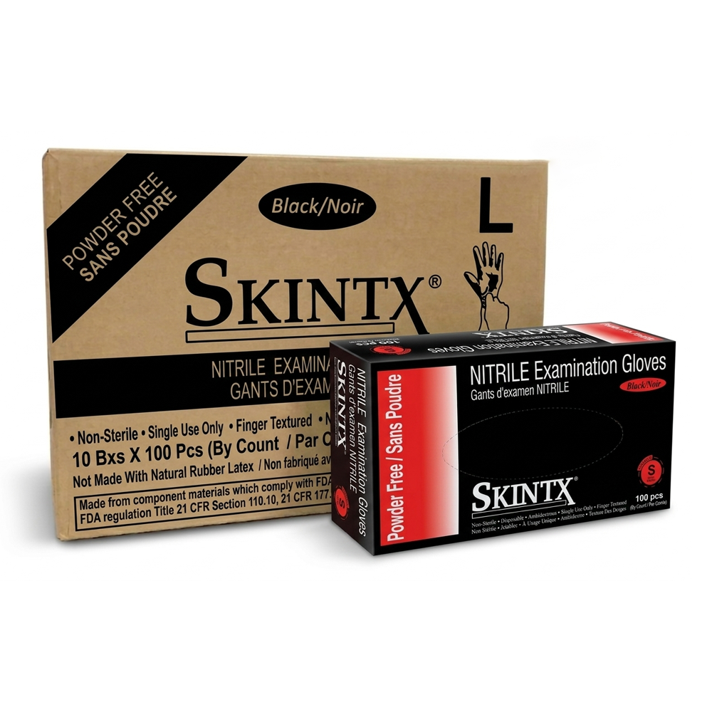 SkinTx 5mil Black Disposable Nitrile Disposable Gloves, Case of 1000 Wholesale, Powder-Free (BLK500)