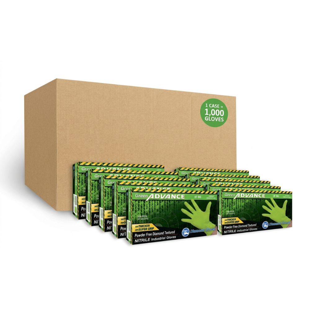 Diamond 8 mil Green Nitrile Industrial Disposable Gloves, Case of 1000 Wholesale, Powder Free, Diamond Textured (IF86)