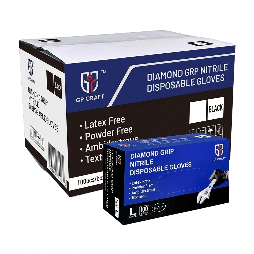 GP Craft 8 mil Black Nitrile Industrial Disposable Gloves, Case of 1000 Wholesale, 8 mil, Diamond Textured, Powder Free (GP66)