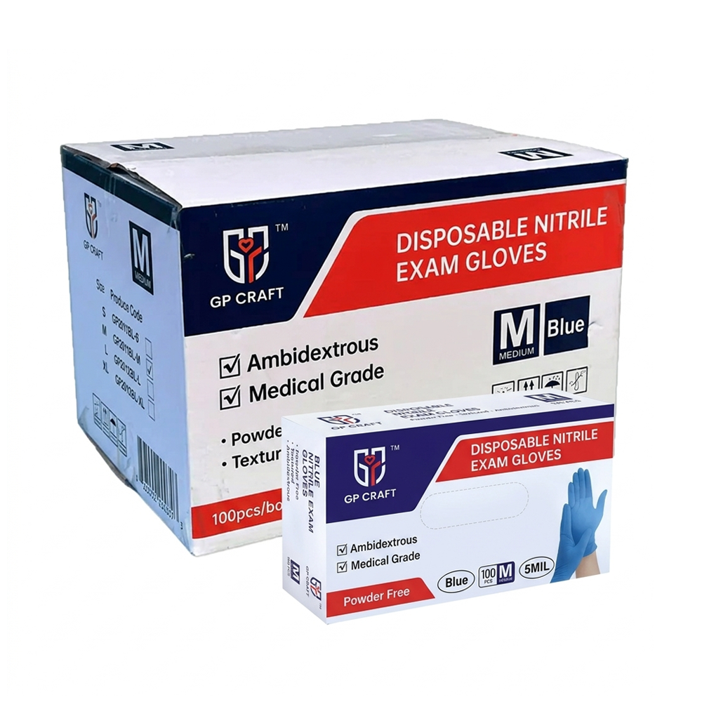 GP Craft 5 mil Blue Nitrile Exam Disposable Gloves, Case of 1000 Wholesale, Powder Free (GP52)