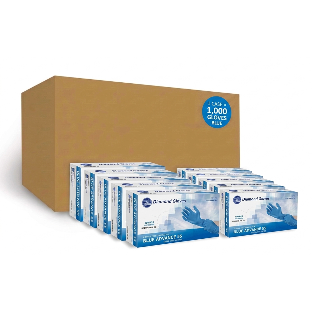 Diamond Blue Super Vinyl (blend) PF Exam Disposable Gloves 5.2g, Case of 1000 Wholesale, Powder-Free (IF55)
