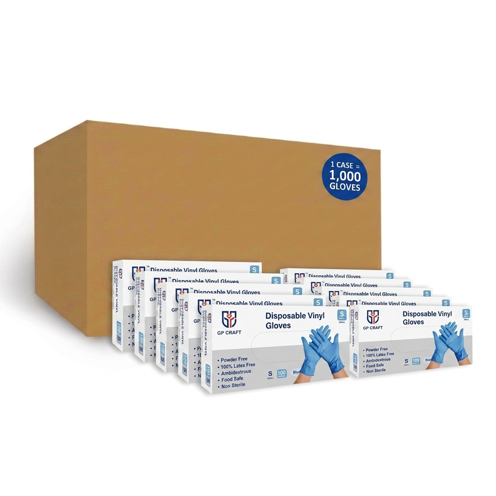 GP Craft Blue Vinyl Disposable Gloves, Case of 1000 Wholesale, Powder Free (GPV-BLUE)