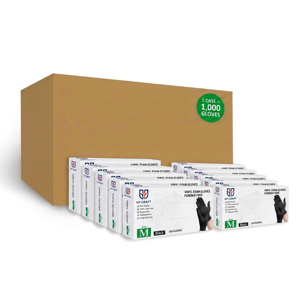 GP Craft Black Vinyl Disposable Gloves, Case of 1000 Wholesale, Powder Free (GPV-Black)