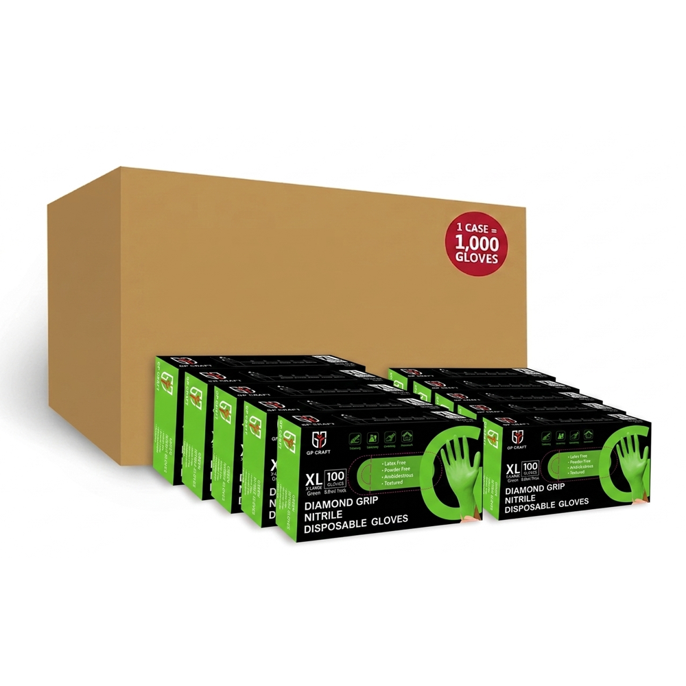 GP Craft 8 mil Green Nitrile Industrial Disposable Gloves, Case of 1000 Wholesale, 8 mil, Diamond Textured, Powder Free (GP67)