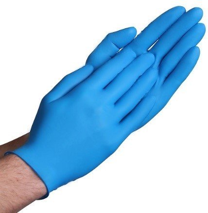 Diamond Blue 4 mil Nitrile Exam Gloves displayed with focus on the rubber fingers