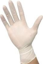 Individual showcasing Diamond 5.5 mil Latex Examination Glove against a white backdrop