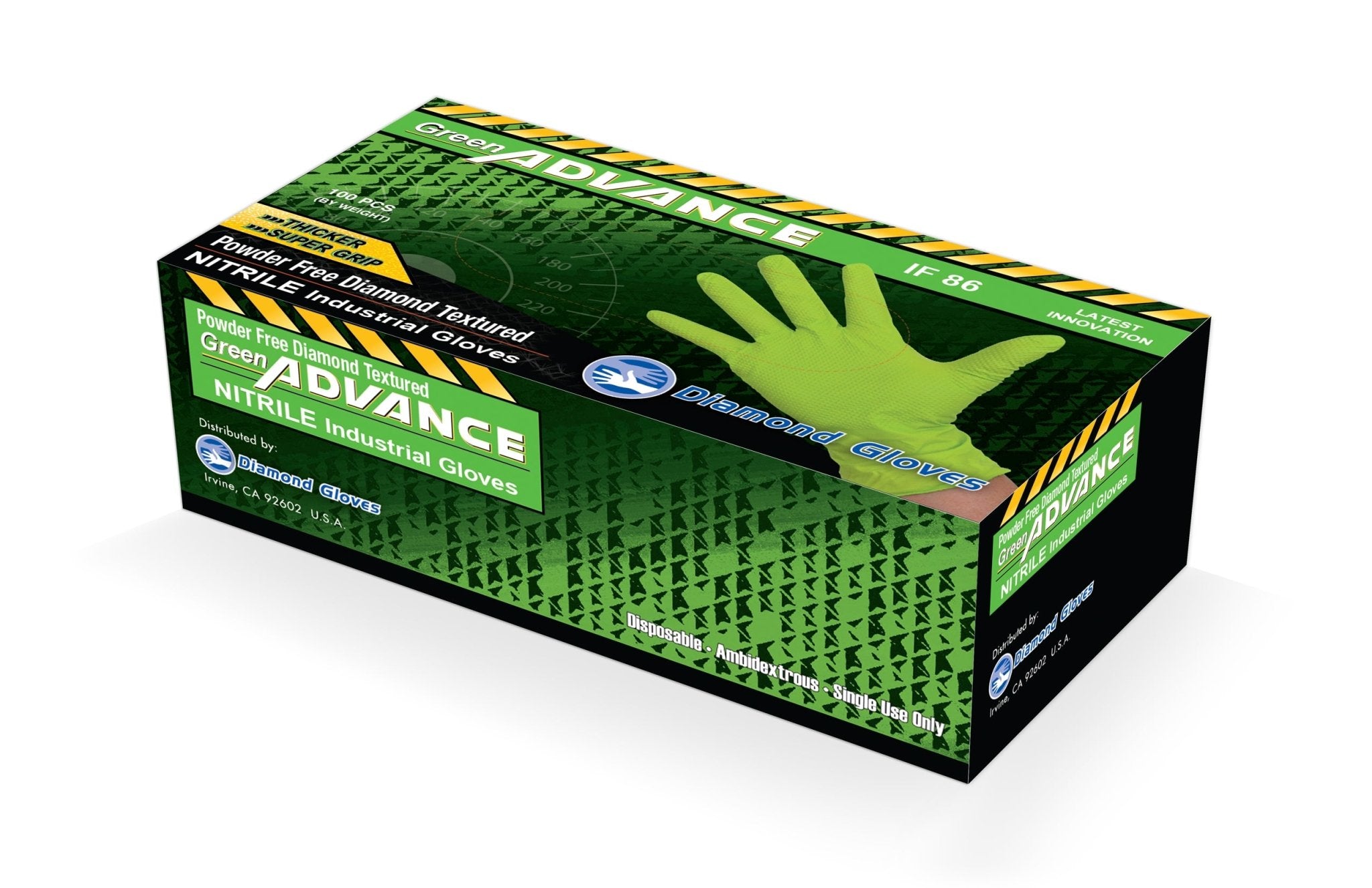 Diamond 8 mil Green Nitrile Industrial Powder Free Gloves, Diamond Textured (IF86) case of 1000