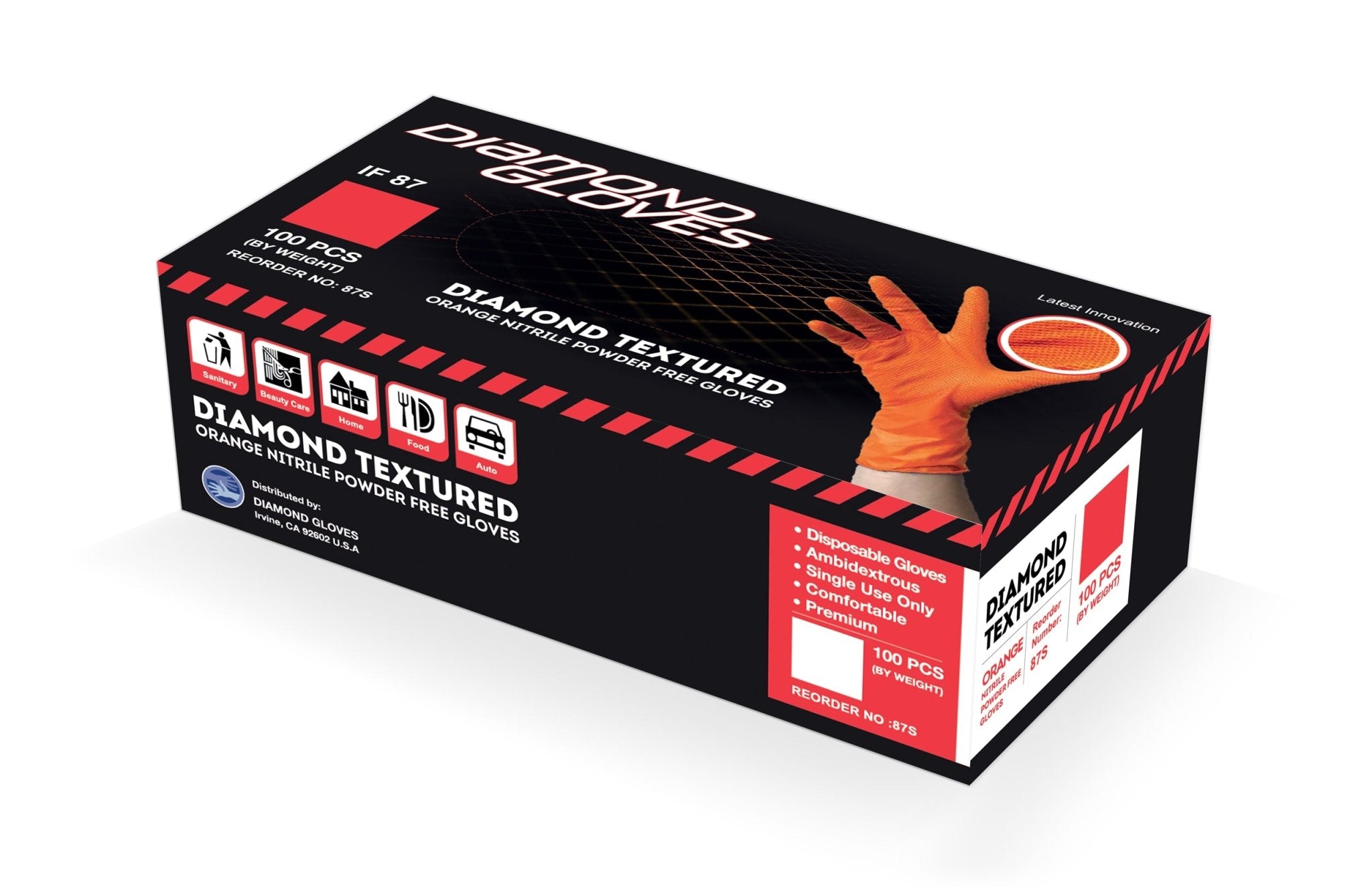 Diamond 8 mil Orange Nitrile Industrial Powder Free Gloves, Diamond Textured (IF87) case of 1000