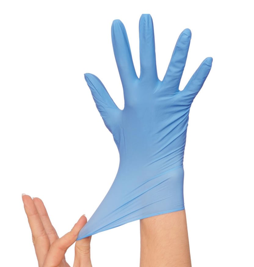 Individual wearing Diamond Blue 5 mil Nitrile Exam Gloves